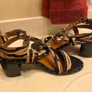 Franco Sarto Block Heel Strap Sandal Tiger print Cowhide Hair size 9.5